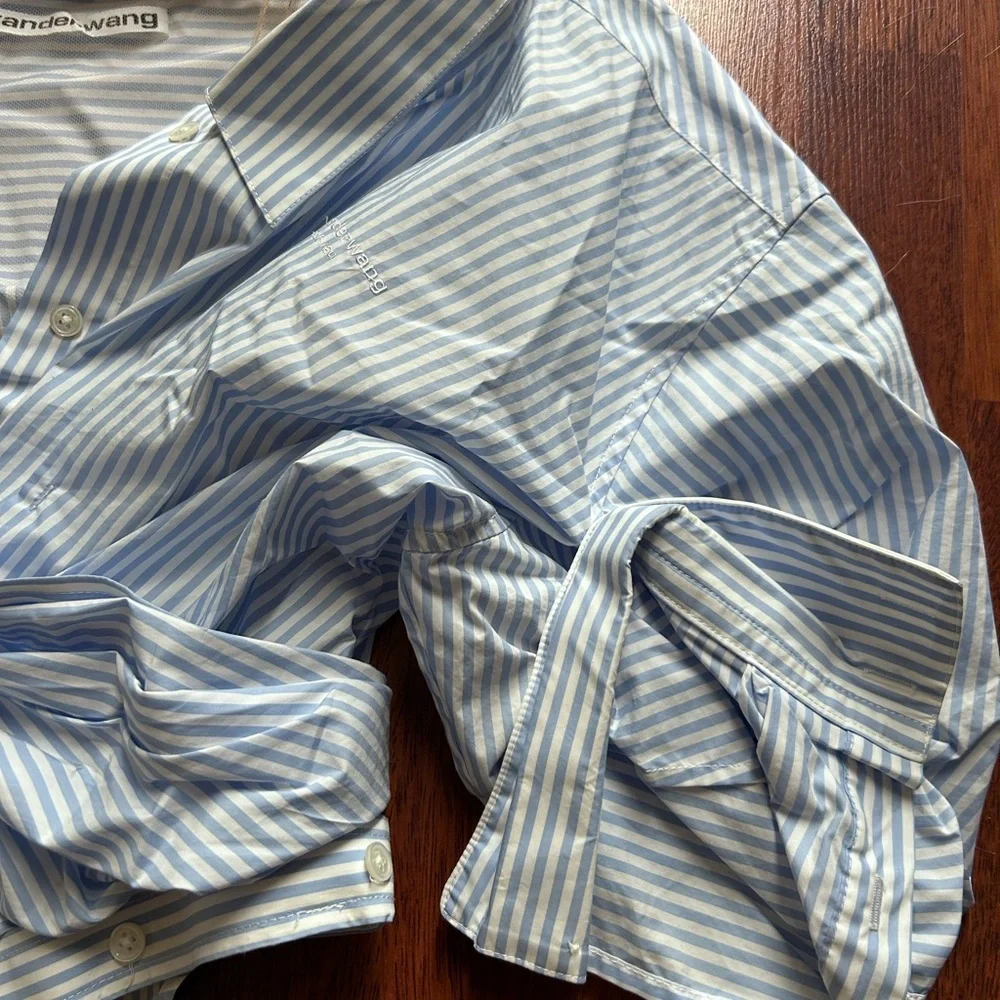 SOLD! Alexander Wang Off Shoulder Asymmetric Striped Mesh Accent Poplin Top 2 - Picture 8 of 17